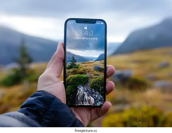 Person Holding Smartphone with Nature Landscape on Screen