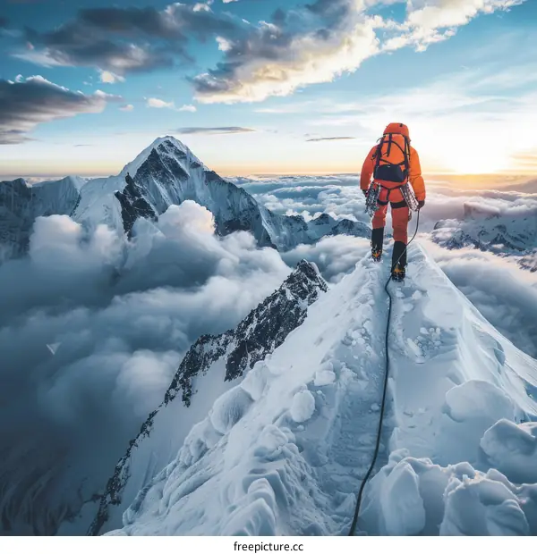 Mountaineer on the summit of a snow-capped mountain