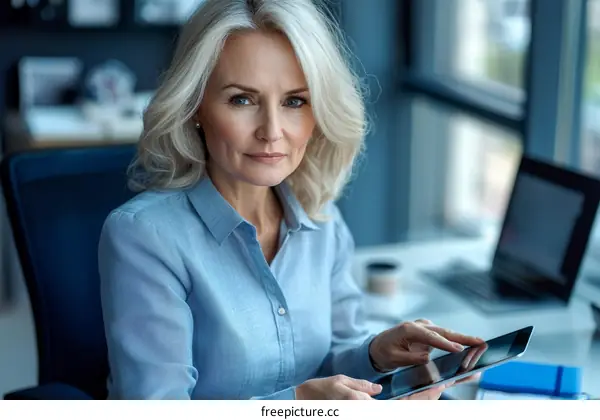 Mature Woman Using Tablet in Office Setting