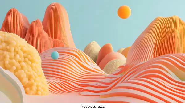 Abstract 3D Landscape with Striped Mountains and Orange Sphere