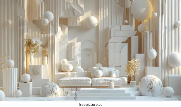 The combination of minimalist geometric shapes and soft natural elements