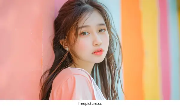 Portrait of a Young Asian Woman with Long Hair in a Pink Shirt