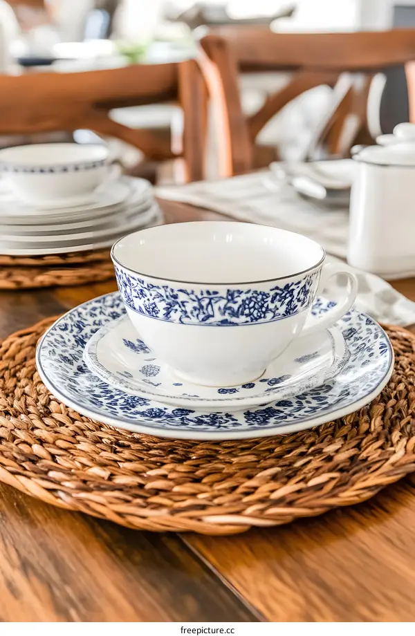 Blue and White Teacup and Saucer on Woven Placemat