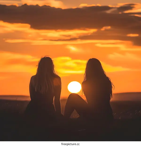 Silhouettes of Two Women Sitting Together at Sunset