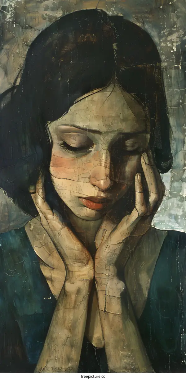 An oil painting of a woman with dark hair and red lips, wearing a blue dress, with her hands on her face