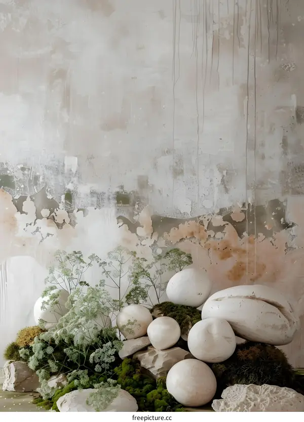 White Stones and Greenery Against a Weathered Wall