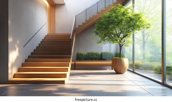 Modern Wooden Staircase Interior Design with Large Plant