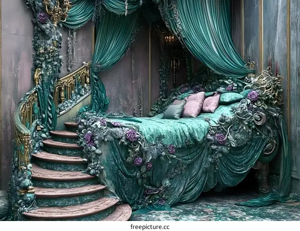 Fantasy Green Bed with Stairs and Flowers