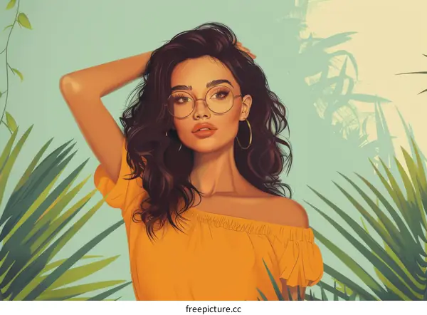 Tropical Illustration of a Young Woman Surrounded by Lush Banana Leaves