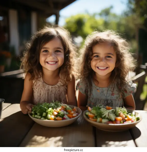 Two happy little girls eating healthy salad together