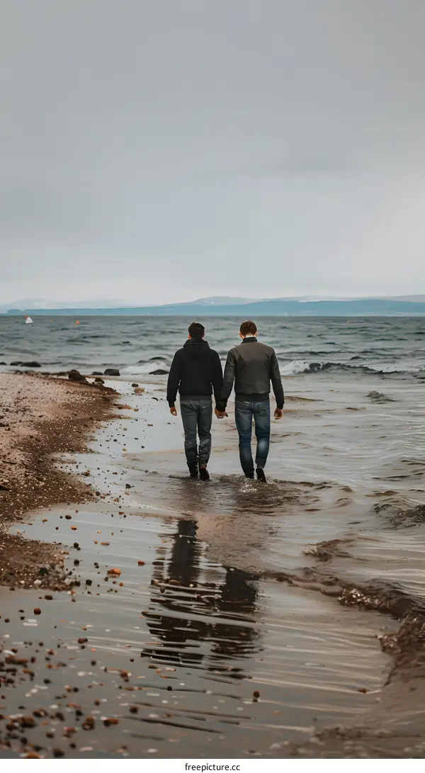 Two Men Walking on the Beach Holding Hands