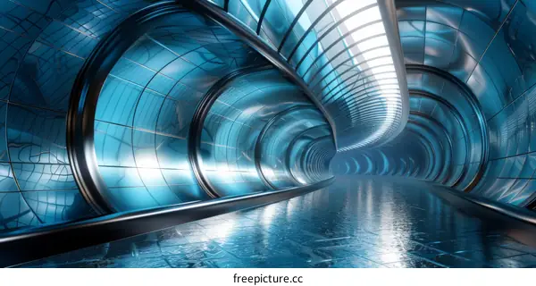 Futuristic glass tunnel with blue neon lights reflecting on the floor