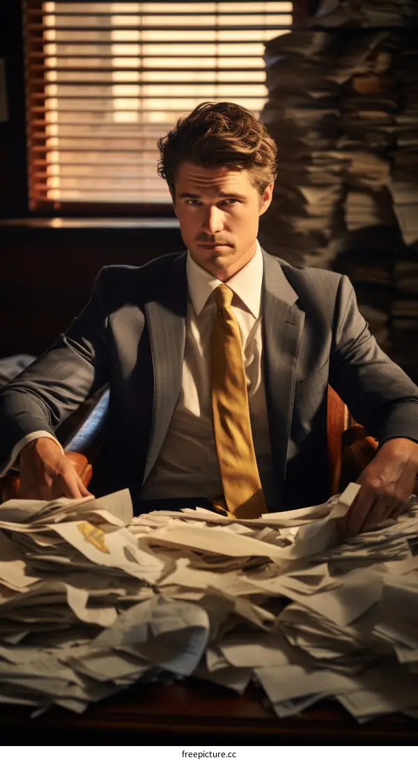 A Man Sits Behind a Desk Buried in Paperwork