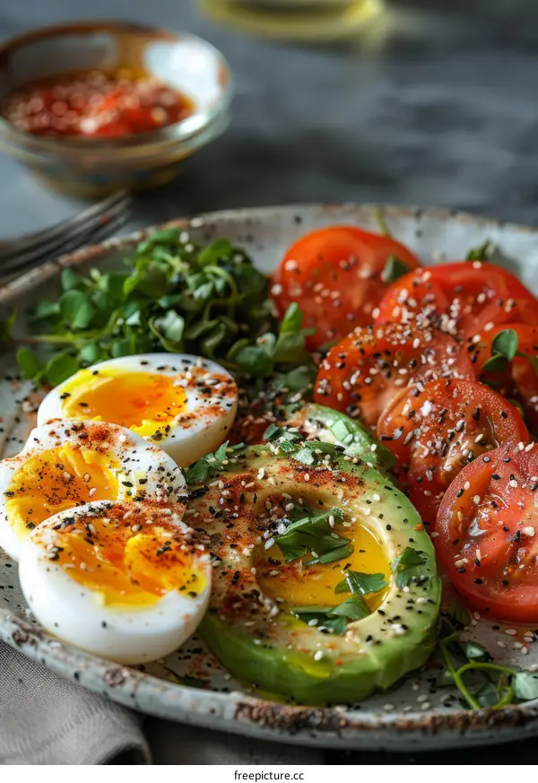 Healthy breakfast or lunch with avocado, boiled egg and tomato