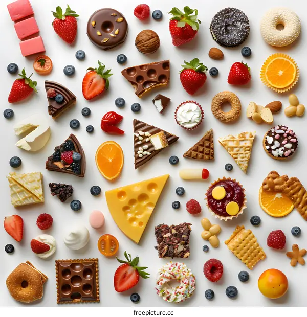 Colorful composition of various pastries, fruits and sweets