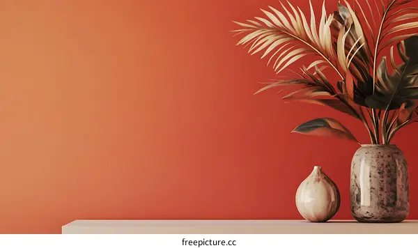 Minimalist Interior Design with Red Wall and Dried Flowers