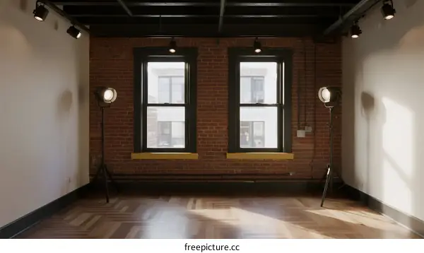 An empty room with brick walls and two windows and studio lights