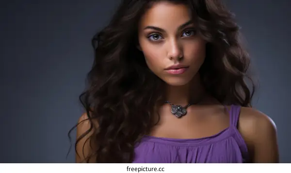 portrait of a beautiful young woman with long brown hair wearing a purple dress