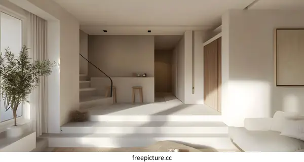 Minimalist Interior Design with Light Wood and Stairs