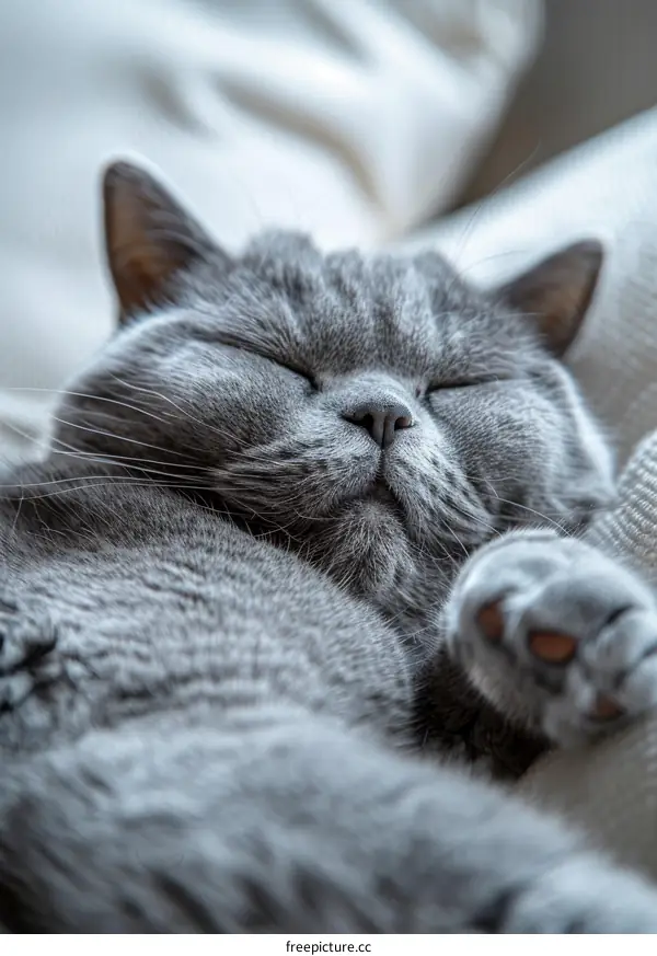 A gray cat is sleeping on a white blanket