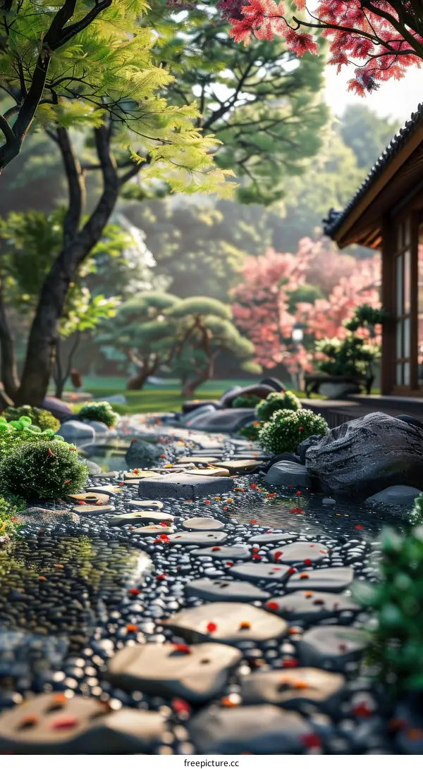 Tranquil Japanese Garden with Stone Path, Trees, and Pond
