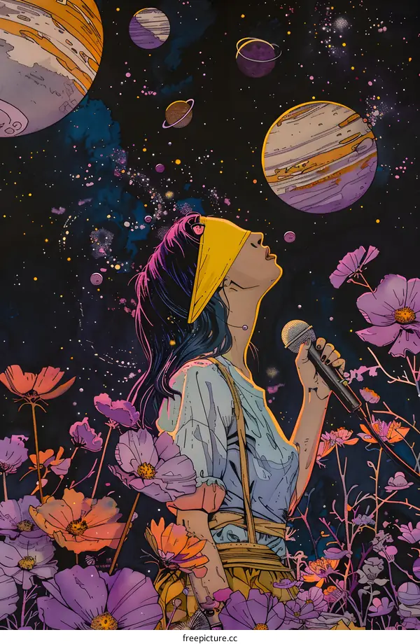 girl singing in cosmos flower field with planets in the night sky