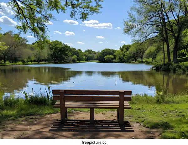 A wooden bench sits on the edge of a lake in a park with trees and a blue sky.