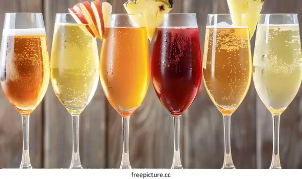 Row of Six Colorful Glasses of Sparkling Wine with Fruit Garnish