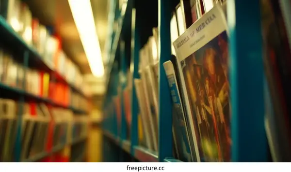 Blurred image of a library with books on shelves