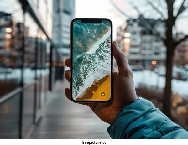 Hand Holding Smartphone With Ocean Beach Wallpaper