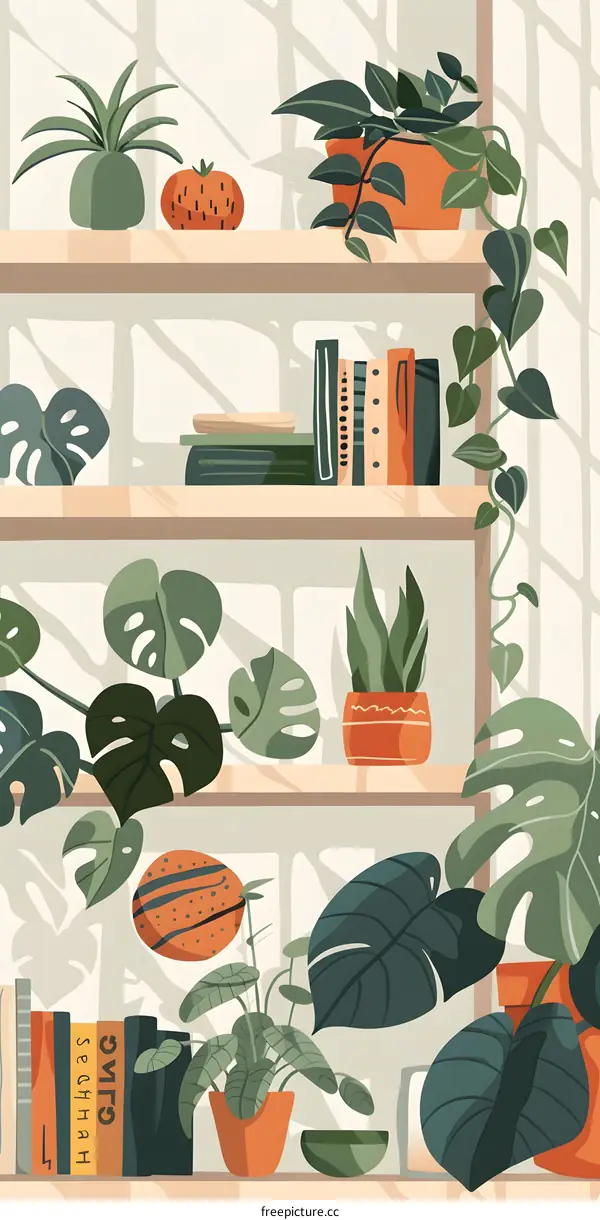 Modern Illustration of a Bookshelf with Plants