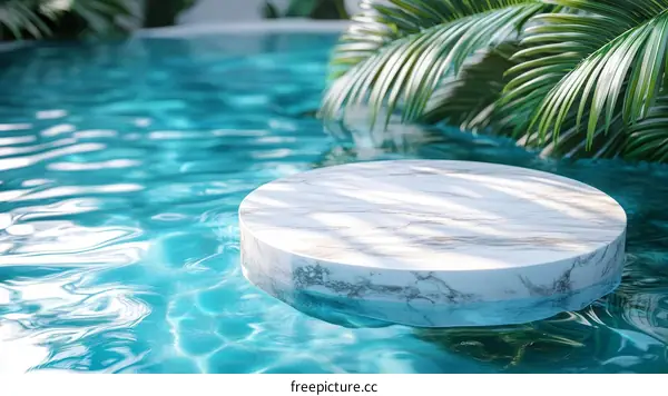 Marble Display Podium in Turquoise Pool with Tropical Plants