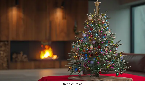 A beautifully decorated Christmas tree stands in front of a fireplace.