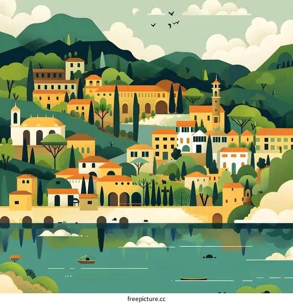 Illustrated Landscape With Buildings and Mountains