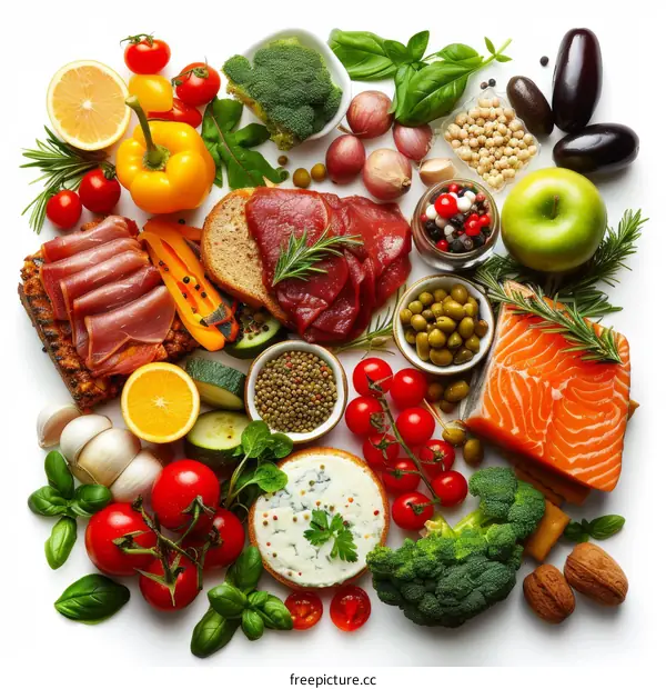 An assortment of fresh and healthy food ingredients on a white background