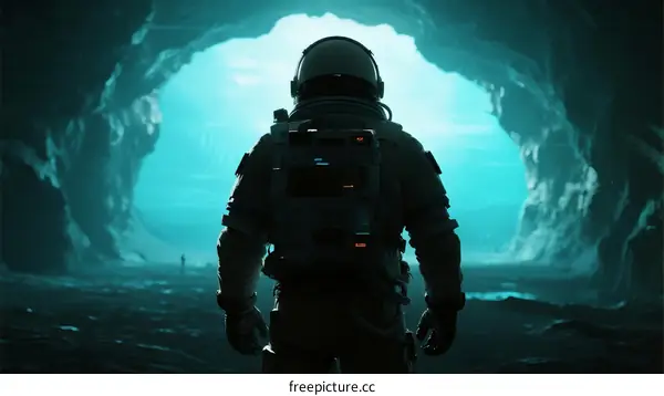Astronaut exploring mysterious alien cave with blue light from entrance