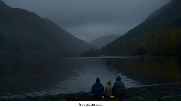 Three People Sit By A Lake With Mountains In The Distance