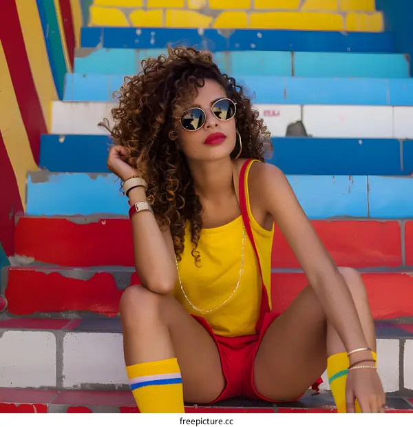 Young Woman Sitting on Colorful Steps Wearing Red and Yellow Clothing