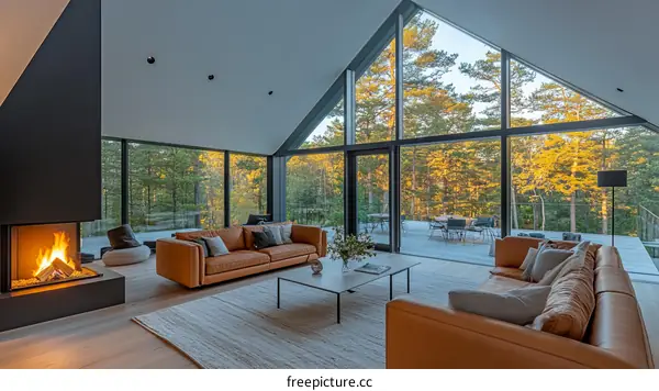 Modern Living Room with Panoramic Forest Views