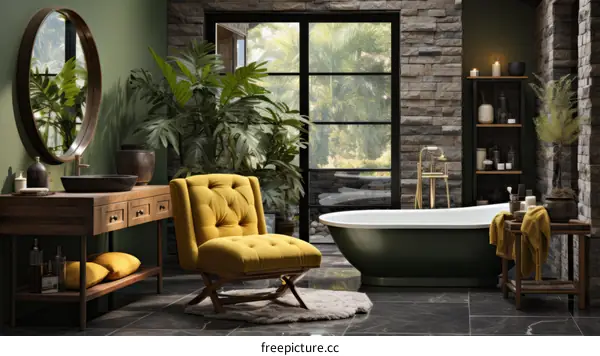 Bathroom With Green Bathtub and Yellow Armchair