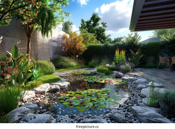 Serene Garden Pond with Colorful Flowers and Lush Trees