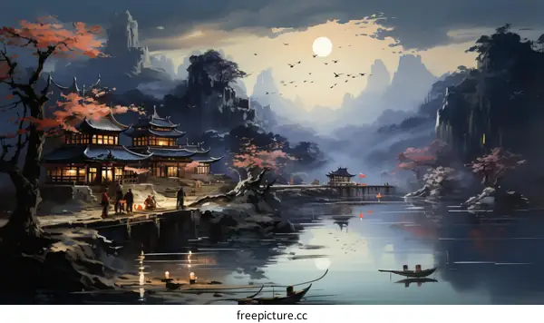 An illustration of a beautiful Chinese landscape with mountains, a river, and a village