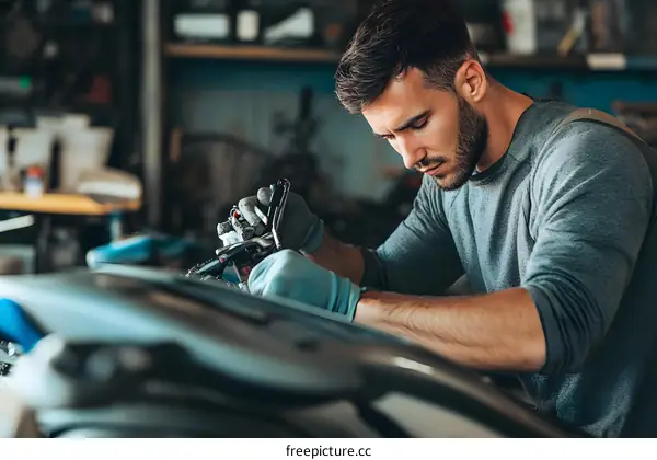 Caucasian Man Fixing Motorcycle in Workshop