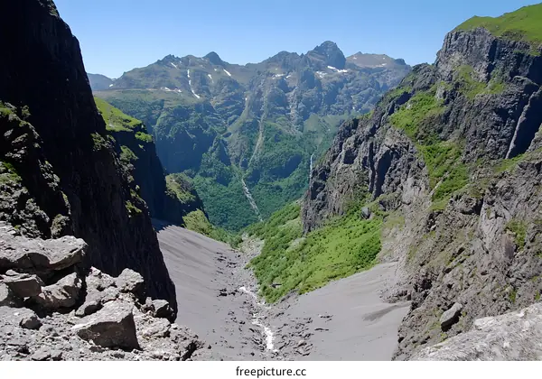 Mountain Range Valley With Clear Sky And Rocks