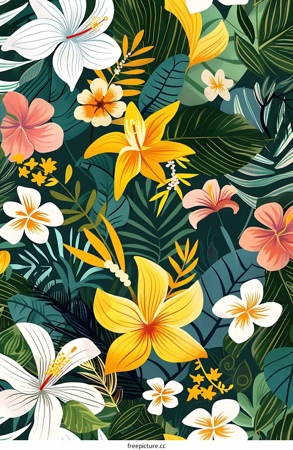 Tropical Floral Pattern With Green Leaves