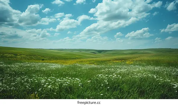 Field of white daisies under blue sky with clouds
