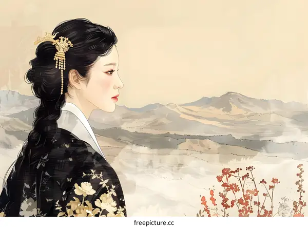 A Korean woman wearing a black embroidered kimono