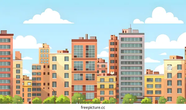 Cityscape Skyline Illustration with Buildings and Clouds