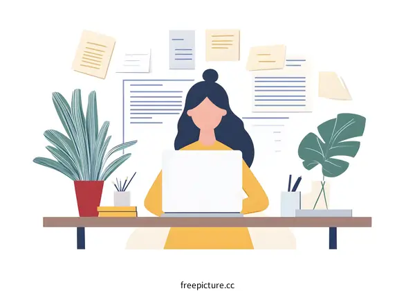 Woman Working on Laptop with Papers on Wall