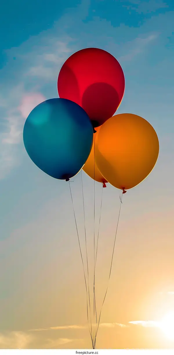 Three Balloons Flying in the Sky at Sunset